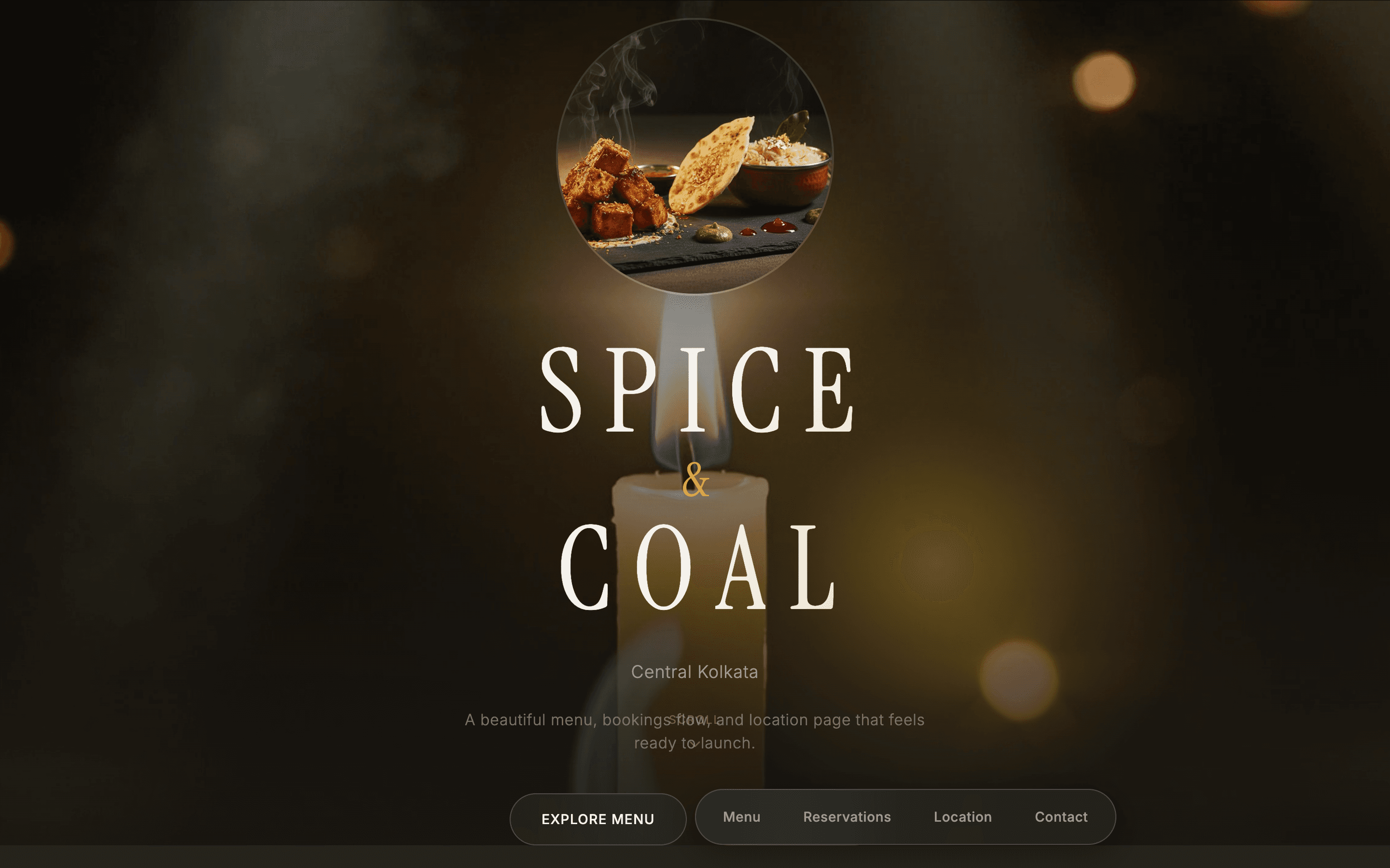 Homepage screenshot of the Spice & Coal restaurant demo website